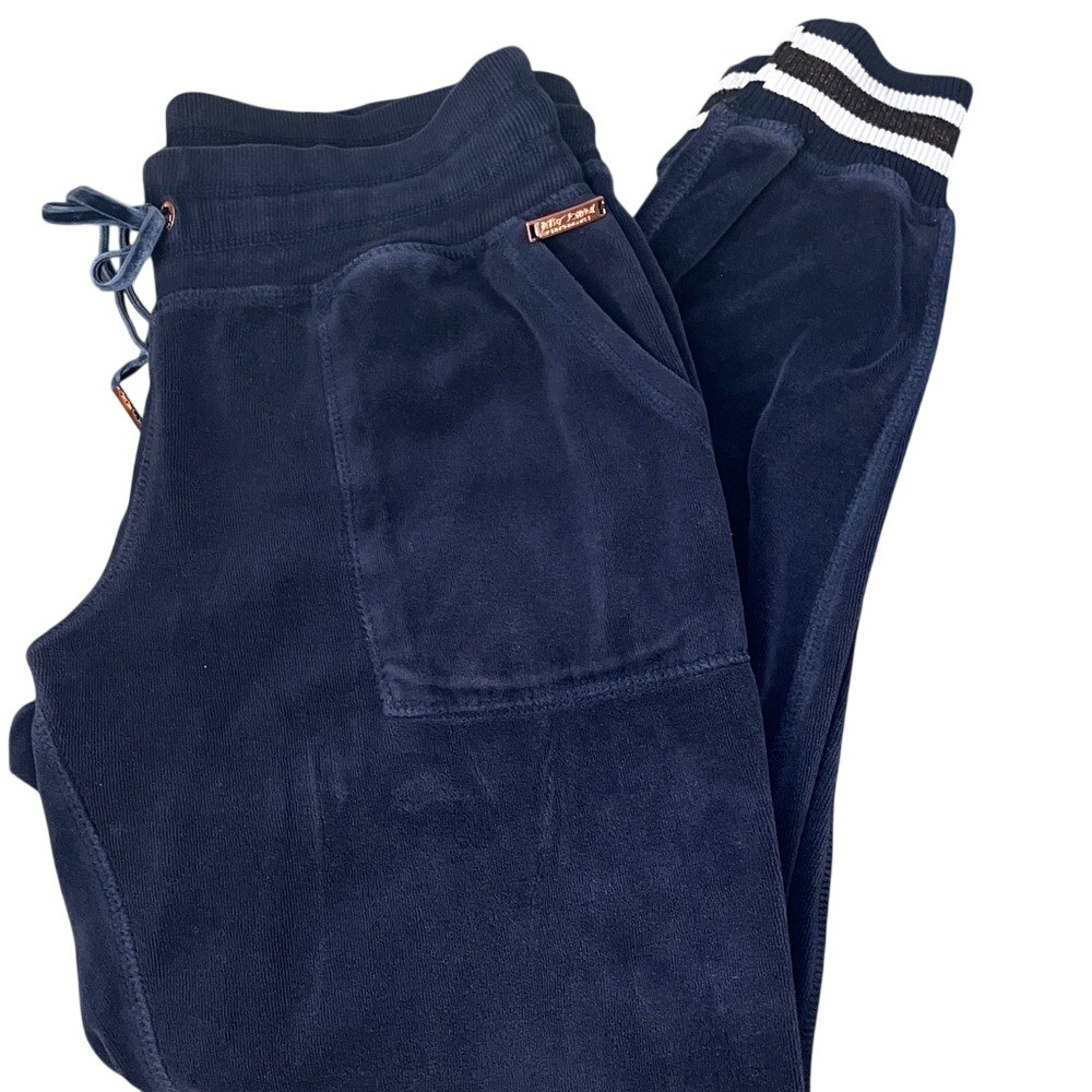 Betsey Johnson Performance Navy‎ Velour Joggers Rose Gold Trim Striped Cuffs